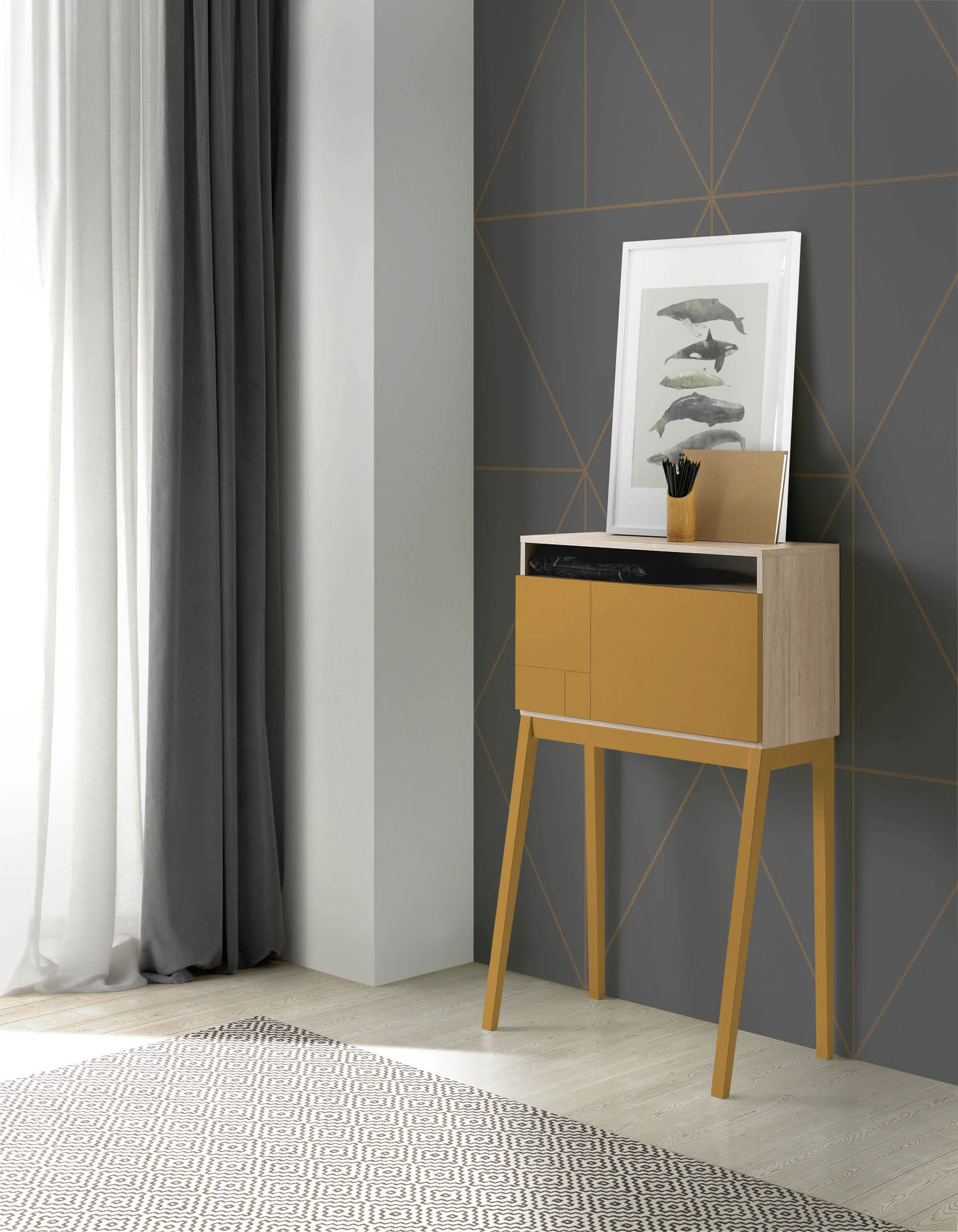 07 - Recibidor con patas acabado en un cuidado lacado que se ajustará a los espacios reducidos. 75 x 117 x 39 cm