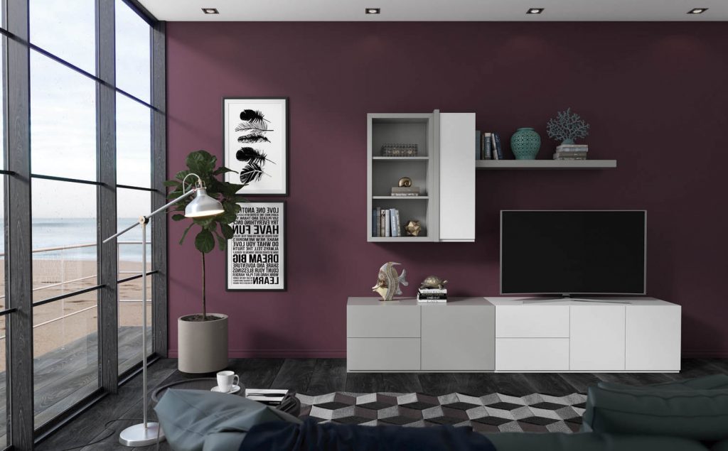 14 - Salón modular de estilo moderno que combina en su acabado, una acertada combinación de colores lacado blanco y lacado visón. L: 270 cm. Fondo: 47 cm